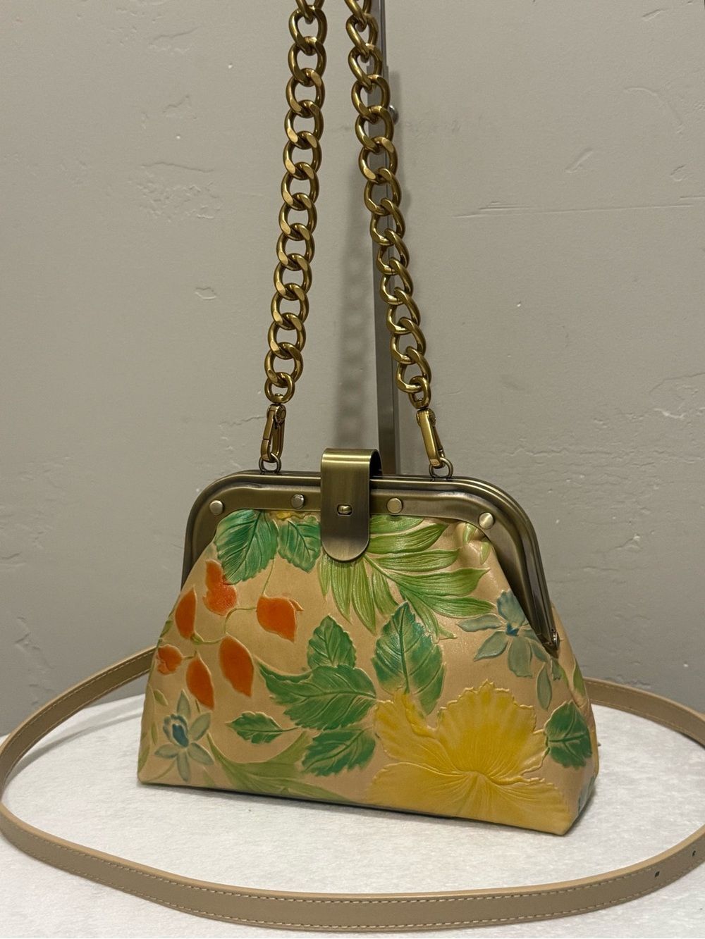 Floral Embossed Cowhide Handmade Unique Rivet Frame Bag, Retro Style Leather Bag